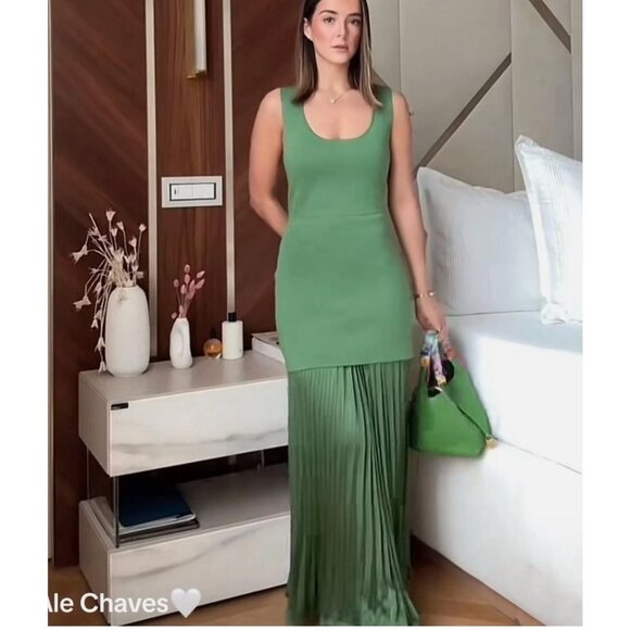 ZARA NEW WOMAN LONG PLEATED KNIT COMBINATION DRESS GREEN 4192/055 S M L - Picture 3 of 17